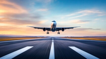 Fototapeta premium Airplane Preparing for Takeoff at Sunset