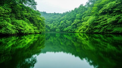 Obraz premium Calm Lake Surrounded by Greenery