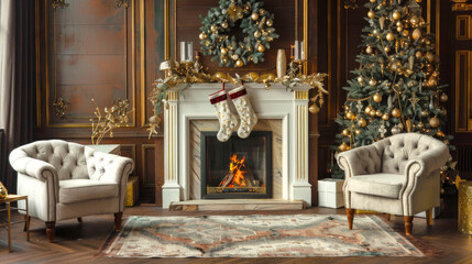 Obraz premium Luxurious hotel lounge beautifully decorated for Christmas, featuring elegant fireplace, plush armchairs, and lavishly adorned Christmas tree. Concept of festive luxury, warmth, holiday celebration