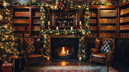 Cozy luxurious holiday library with Christmas decorations including festive tree wreath garland fireplace. Concept of Christmas decor, winter interior, festive atmosphere, holiday cheer