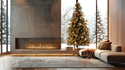 Stylish Christmas upscale living room with a modern fireplace, sleek furniture, and a decorated Christmas tree with metallic ornaments. Concept of contemporary holiday decor, luxury, and warmth