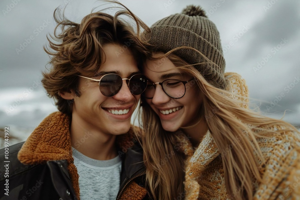 Wall mural photo of a happy young couple wearing stylish eyeglasses, smiling while looking at each other with a