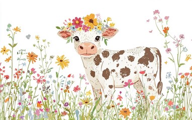 Naklejka premium A playful calf adorned with a floral crown amidst a vibrant meadow of wildflowers in springtime tranquility