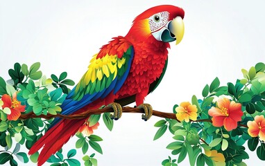Fototapeta premium A vibrant macaw perched gracefully on a colorful branch surrounded by lush green leaves and bright flowers