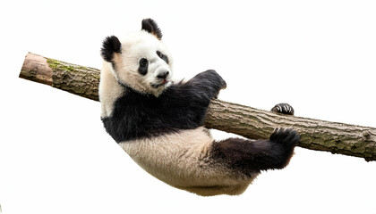 Obraz premium Adorable giant panda hanging playfully from a branch, showcasing its black and white fur and curious expression