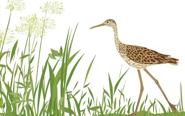 A solitary sandpiper wanders gracefully through vibrant green grass near a blooming wildflower patch at dawn