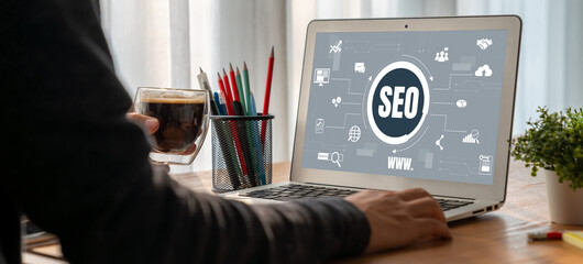 SEO search engine optimization for modish e-commerce and online retail business showing on computer...