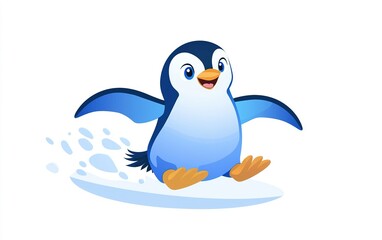 Naklejka premium A cheerful cartoon penguin joyfully slides across a snowy landscape, capturing the essence of winter playfulness and fun