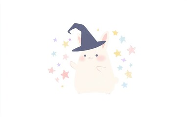 Magical bunny wearing a wizard hat casts colorful spells amidst shimmering stars in a whimsical dreamlike world
