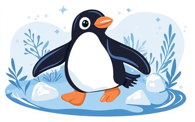 A playful penguin waddles joyfully across a serene icy landscape under a clear blue sky, surrounded by lush underwater vegetation