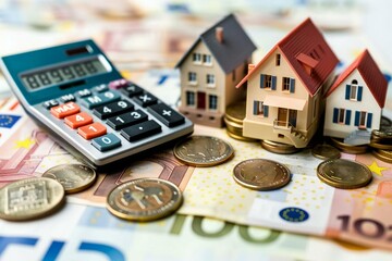 conceptual photo of miniature houses resting on an increasing coin stack with a calculator on Euro notes, representing real estate, tax, price, and business concepts.