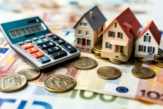 conceptual photo of miniature houses resting on an increasing coin stack with a calculator on Euro notes, representing real estate, tax, price, and business concepts.