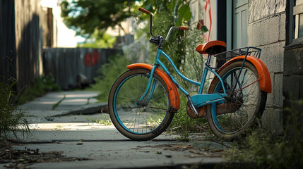 A vibrant blue and orange bicycle rests against a wall in a quiet urban alleyway