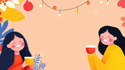 Two friends enjoying coffee together in a minimalist flat illustration, celebrating friendship in a trendy winter atmosphere with pastel colors, featuring ample copy space for personalized text