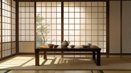 Japanese Tea Room with Shoji Screens and Tatami Mats