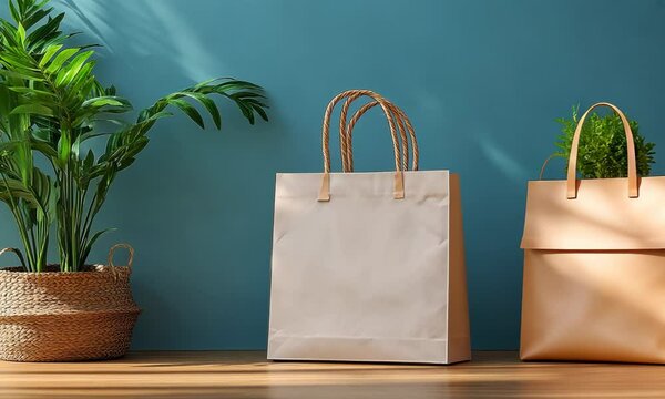 Blank white and craft square paper bag with sticker mockup Video