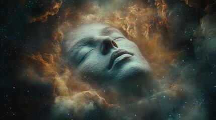 A serene face emerges from clouds in a cosmic landscape, evoking a sense of tranquility and awe
