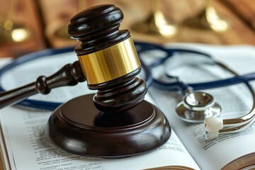 close-up photo of a stethoscope and gavel placed on an open law book, symbolizing the intersection of medicine and law in cases of malpractice.