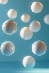 Bubbles floating against a soft blue background in a serene, tranquil indoor setting