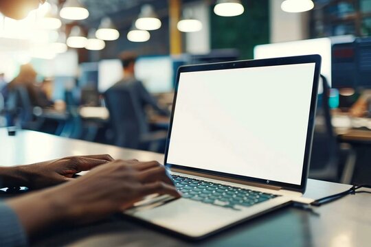 close-up shot of a person's hand using a laptop with a blank white screen on a desk, showcasing a first-person perspective of a busy office environment.