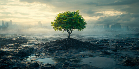 A single tree stands resilient in a barren, desolate landscape with a fog-covered city in the background. the concept of environmental resilience, suitable for eco-friendly businesses and climate chan