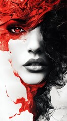 illustration of marble, ink, and red liquid art piece depicting a woman's face