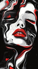 illustration of marble, ink, and red liquid art piece depicting a woman's face