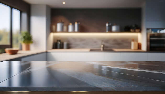 Stylish marble tabletop on wooden platform with copyspace for your logo at blurry kitchen utensils and dishes on light wall background. 3D rendering, mock up