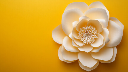 Elegant handmade white flower on vibrant yellow background creates a striking visual contrast