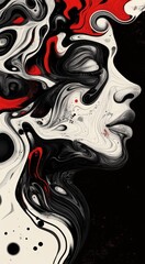 illustration of marble, ink, and red liquid art piece depicting a woman's face