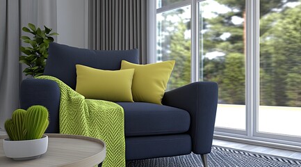 Fototapeta premium This living room features a navy blue armchair adorned with white and green patterned pillows, complemented by a soft throw blanket and greenery near the window, creating a cozy atmosphere.