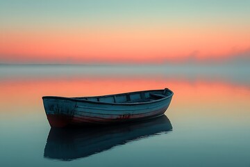 Fototapeta premium An old wooden boat on a misty lake at sunrise with a beautiful reflection