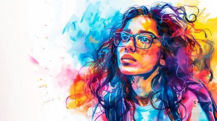 Obraz premium Portrait of a beautiful brunette student girl with glasses and long hair on an abstract watercolor background. The concept of education, college and school life. Generation Z.