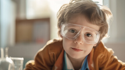 Young boy wearing safety goggles in a science lab, looking directly at the camera. He is surrounded by lab equipment and appears focused on his experiments