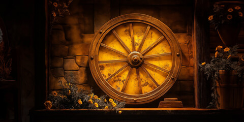 Vintage wooden chariot wheel in a rustic setting with warm lighting and floral accents