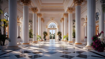 Fototapeta premium The opulent ballroom of a palace, adorned with intricate designs, sparkling chandeliers, and a spacious dance area.