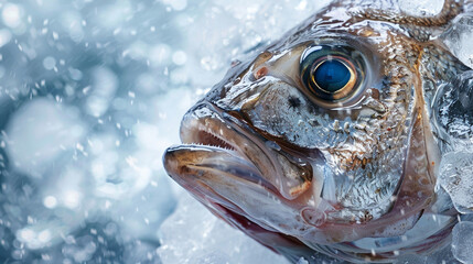 Frozen fish in crushed ice with glistening scales, detailed close-up of fresh seafood, sustainable fishing, cold preservation concept