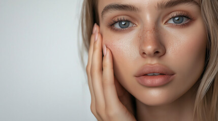Fototapeta premium Close up of young woman with clear skin and freckles touching her face. Natural beauty, soft skin texture, and expressive eyes