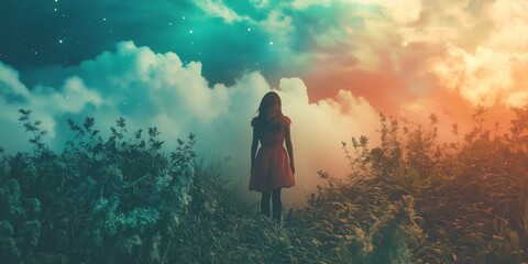 Obraz premium A woman in a dress stands between vibrant colors and starry skies.