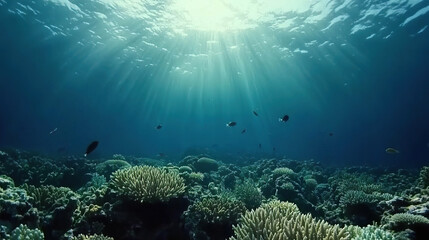 Fototapeta premium Underwater scene with coral reef and sunlight streaming through the water. AI-generated.