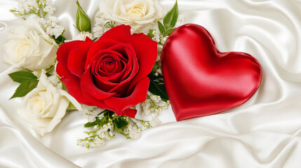 Red rose and heart on white satin fabric symbolizing love and passion. AI-generated.