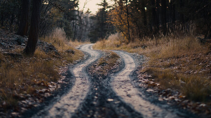 Obraz premium Winding dirt road through a forested area at dusk with golden grasses and trees
