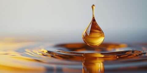 rop of golden oil falling onto a smooth surface for product photography and commercial ads in skincare and food industries
