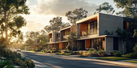 Fototapeta premium Architectural rendering of modern wooden homes in a natural setting for real estate and property development