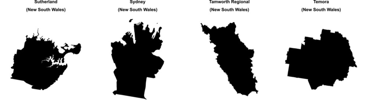 Sutherland, Sydney, Tamworth Regional, Temora outline maps