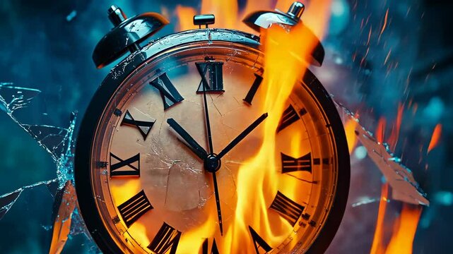 A vintage alarm clock is ablaze, with intense flames and smoke swirling around it, representing the destructive passage of time and urgency. Shattered glass fragments add to the dramatic and chaotic