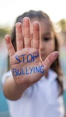 A girl raises her hand to "STOP BULLYING" with the message painted on it. The image conveys a strong message against violence and encourages people to take a stand against it. No abuse, cruelty, fear