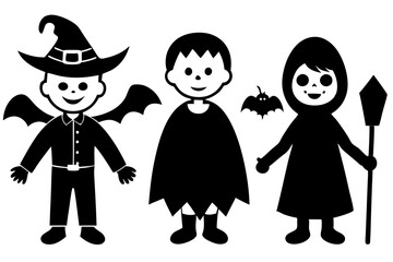 Fototapeta premium Cute kids Halloween set. Children in funny and scary witch, vampire and monster costumes. Cute characters and magical items for Halloween party. Flat vector illustration.