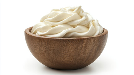 "Top view of sour cream or yogurt in a glass bowl, isolated on a white background, showcasing full depth of field."

