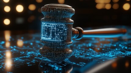 A gavel designed with digital patterns sits prominently on a glowing surface, representing the intersection of technology and justice in modern law.